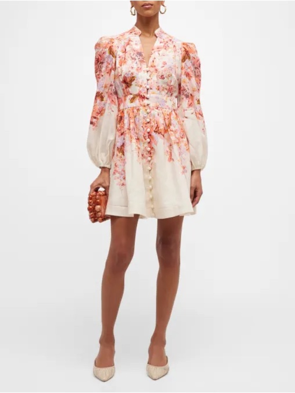 Zimmermann Devi Plunge Mini Dress Cream Floral Puff Sleeve Mini Size 1/US Small - Picture 3 of 12